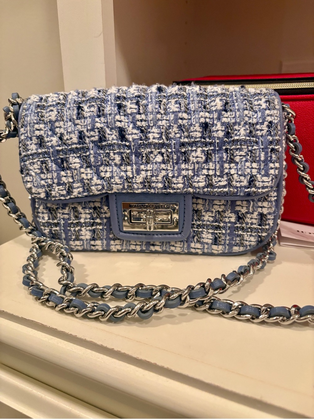 Blue and White Tweed Chain Shoulder Bag